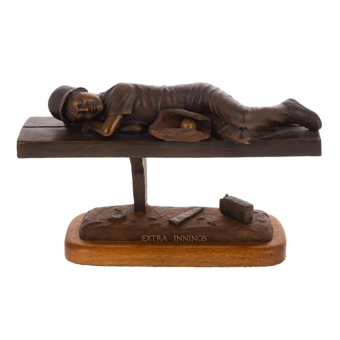 Robert Hogan. "Extra Innings," bronze: (American, 2000) A bronze of a young baseball player sleeping on a bleacher bench on wooden base, signed, ed. 11/36, approx. 8 in. H, approx. 13 1/4 in. L, 5 in. D