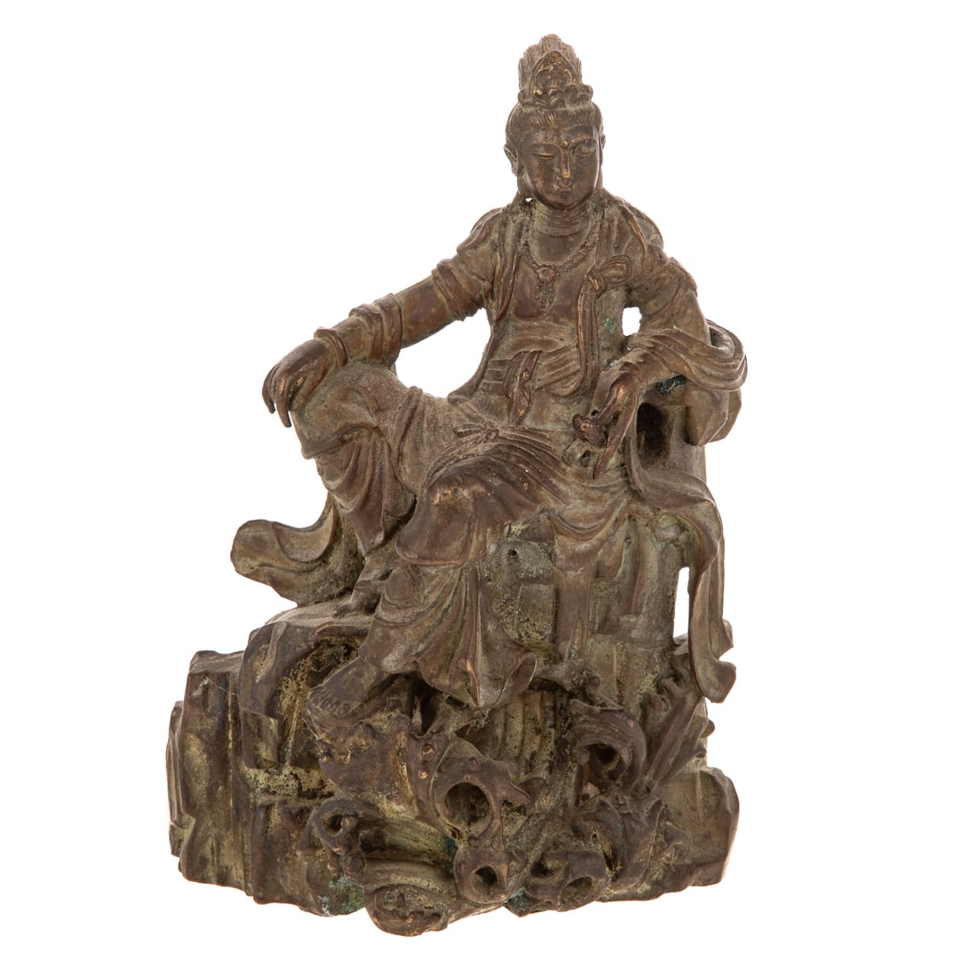 A Chinese Guanyin Bronze Figure: A bronze Chinese Guanyin seated in rajalilasana on a rock formation with one hand rested on raised knee, the other folded horizontally, 9 1/4 in. H, 5 1/2 in. W, 3 3/4 in. D