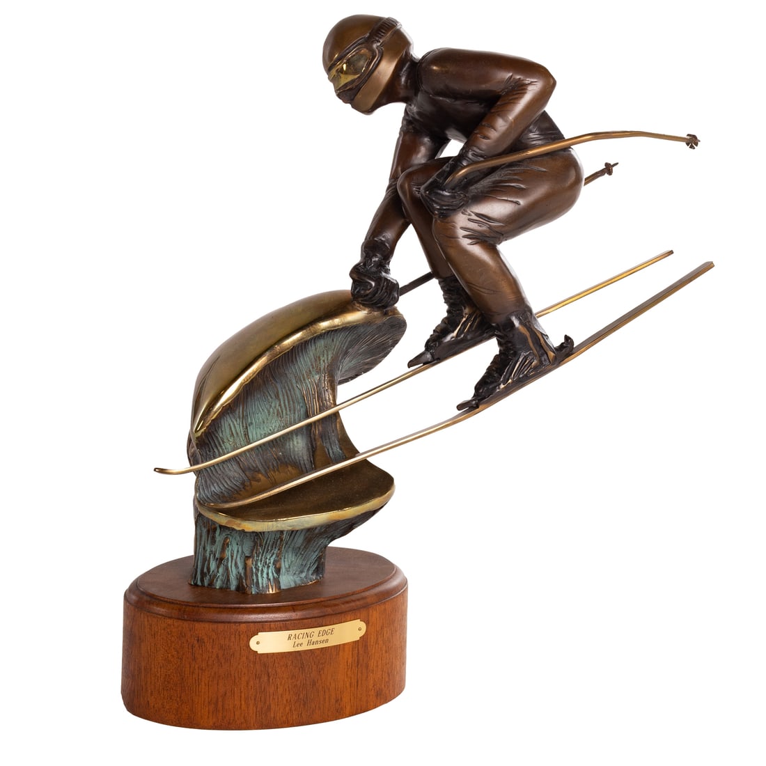 Lee Hansen. "Racing Edge," bronze: A bronze Lee Hansen "Racing Edge" bronze sculpture of a skier, on wooden base, signed and dated "1989," ed. ?/35, 16 1/4 in. H, 13 3/4 in. L, approx. 7 in. W