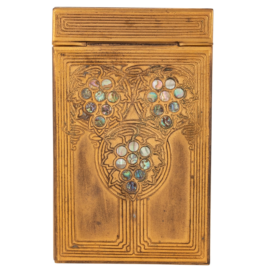 Tiffany Studios "Abalone" Bronze Notepad Holder: (New York, early 20th century) A bronze dore and inlaid "Abalone" Tiffany Studios Art Deco style notepad holder, marked "Tiffany Studios New York 1169," 1/2 in. H, 4 3/4 in. W, approx. 7 3/4 in. L