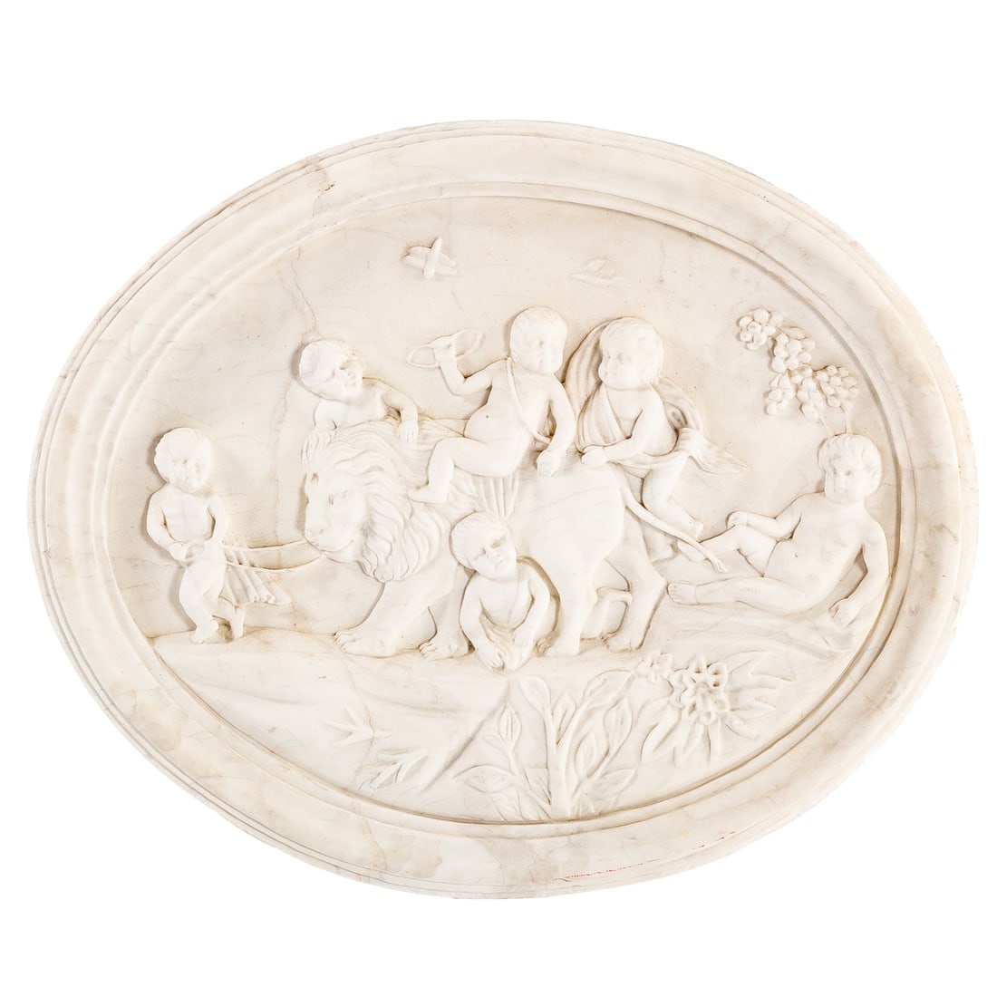 A Neoclassical Carved Marble Plaque: A carved marble Neoclassical plaque depicting six putti, riding and leading a lion, unmarked, 27 in. H, 32 in. L, 3 1/4 in. D Provenance: From a private Delaware estate/collector