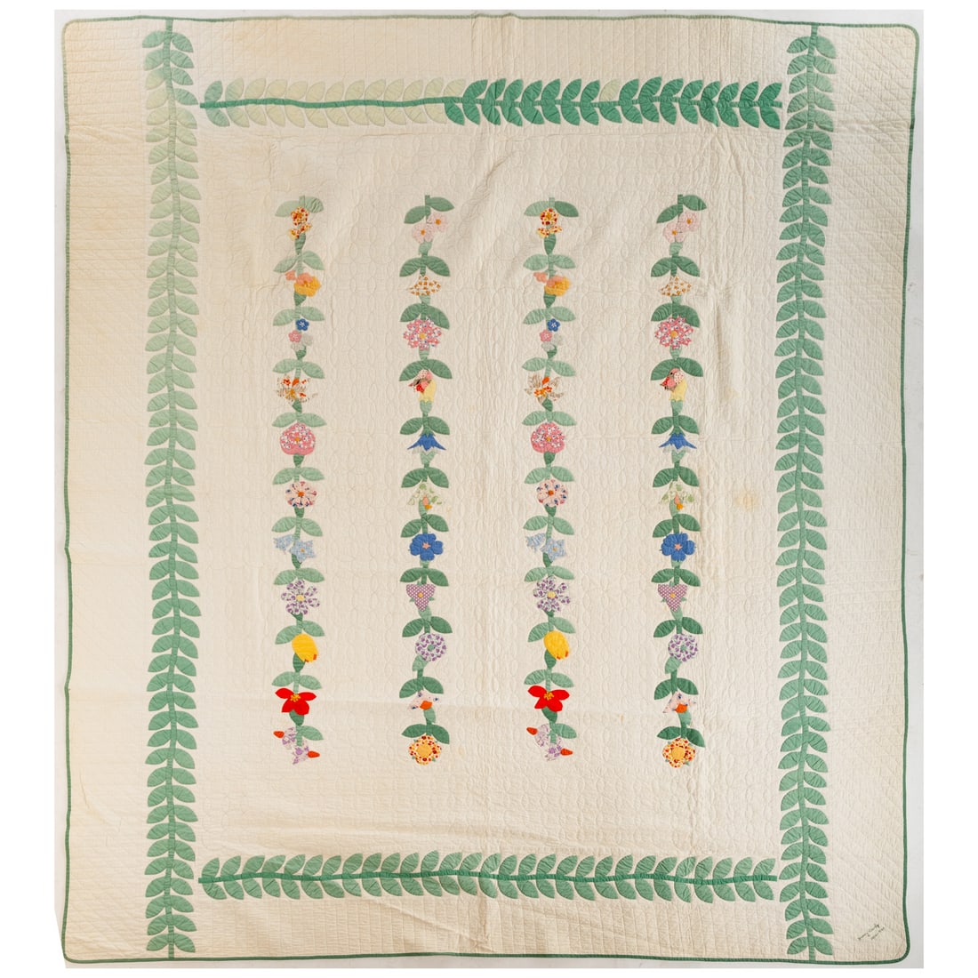 An Early 20th Century American Quilt: (Ohio, 1930-1949) A cotton hand stitched quilt with floral and vine decoration, signed/inscribed"Mary Dowly 1930-1949" in the lower right corner, 98 1/2 x 84 in. Provenance: Originally purchased at Pi