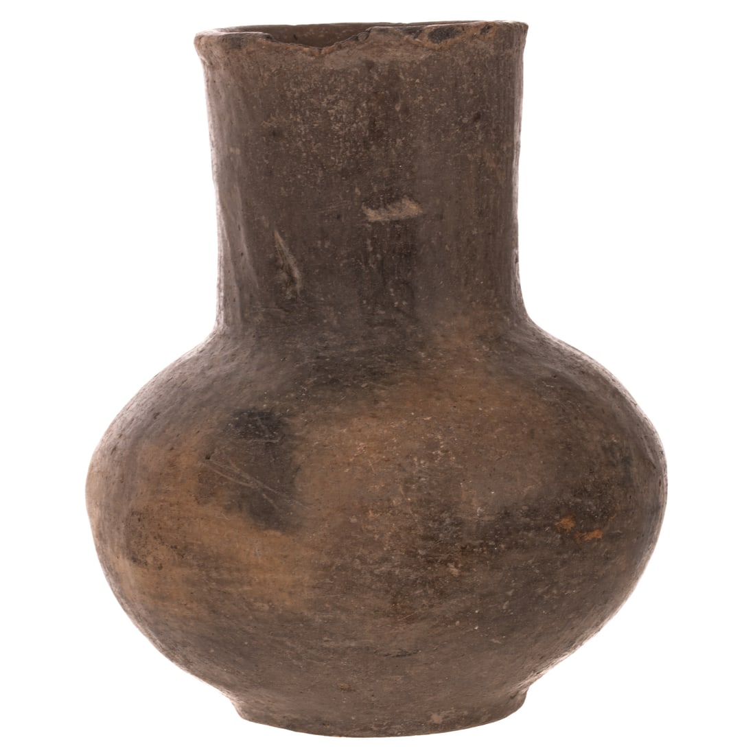 A Mississippian Lobbed Pottery Vessel: Native American, Southeastern / Midwestern United States, Mississippian culture pottery vessel with a tall cylindrical neck rising from a rounded, globular or lobbed body, 9 in. H, approx. 8 in. Diam.