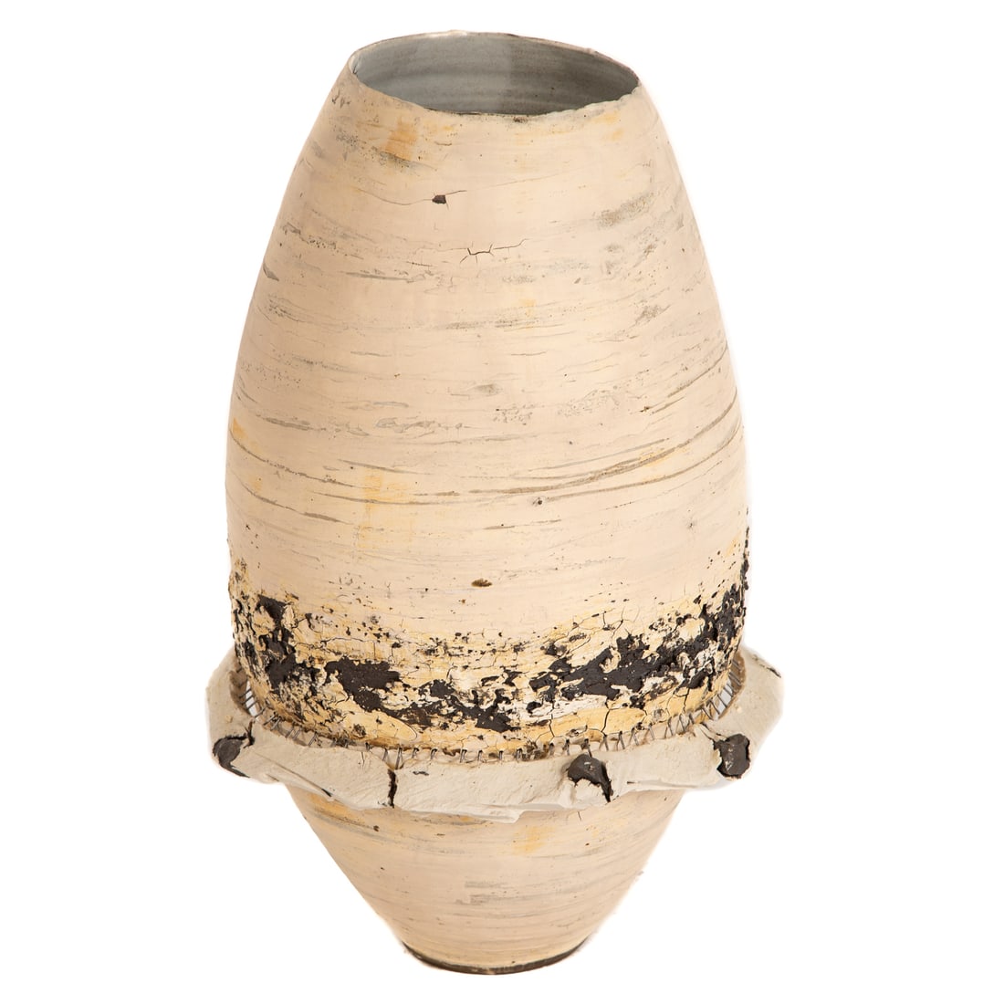 An Abstract Calypso Vase by Ani Kasten: A cream/grey/black ceramic and metal Calypso vase by Ani Kasten, unmarked, 21 1/4 in. H, 13 in. Diam.