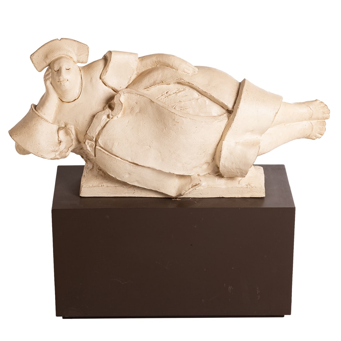 David Bryce. "Asana," Sculpture: (American, b. 1951) A plaster painted to simulate ceramic sculpture of a reclining woman, with black wooden base, signed on bottom and inside, sculpture: approx. 13 1/2 in. H, approx. 26 in. L, 10