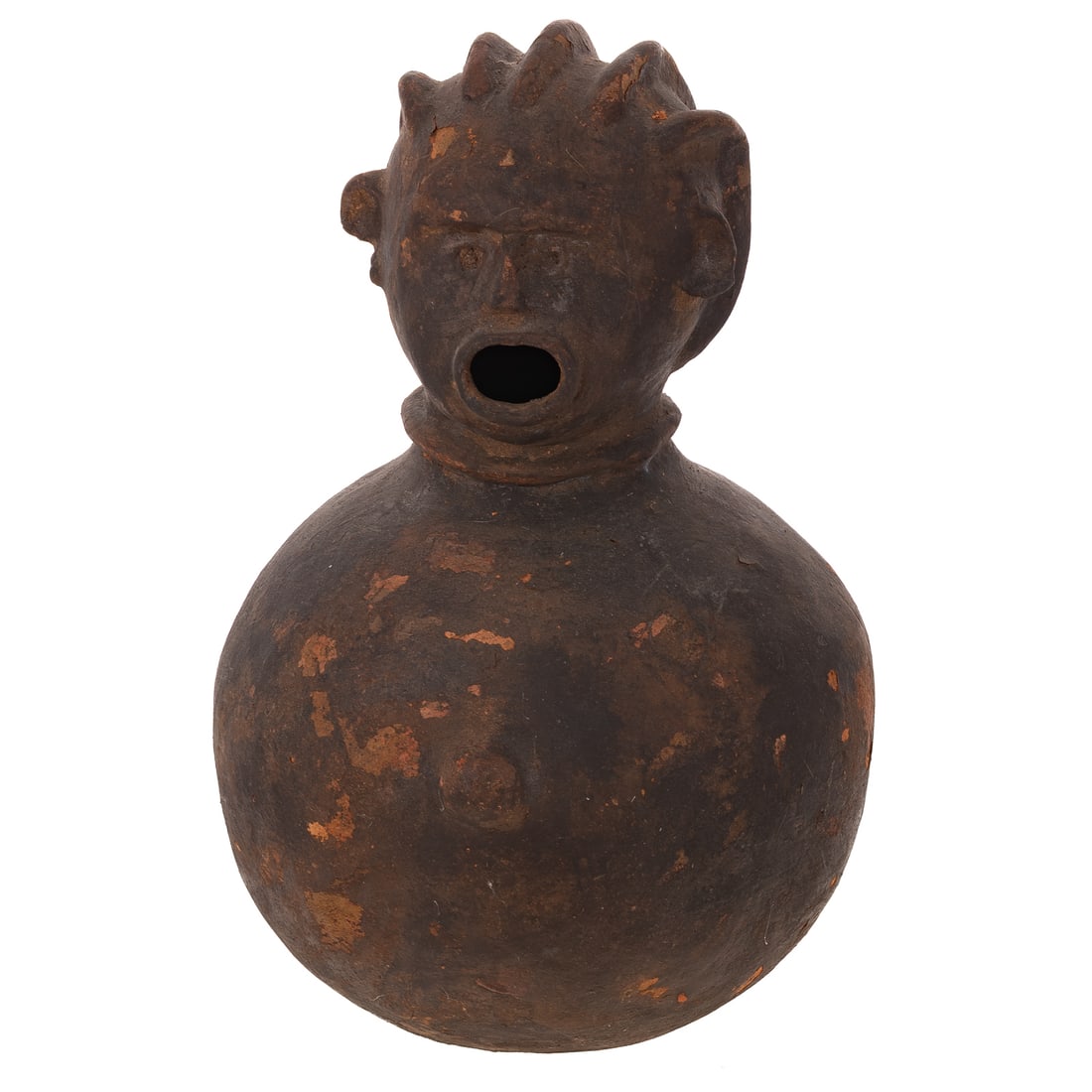 An African Figural Pottery Vessel: Likely from the Konyak People, Democratic Republic of the Congo, depicting a woman with her mouth open and neck ring with rounded body, 16 in. H, 10 1/2 in. Diam.