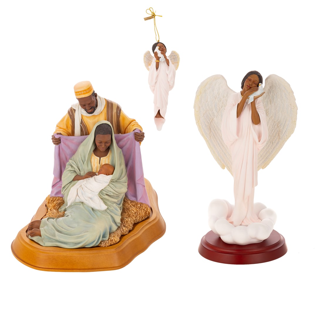 Two Thomas Blackshear's Ebony Visions Figures with Ornament: Including a hand cast resin Thomas Blackshear's "Love" depicting an angel standing on clouds with her holding a dove, collector club series, stamped, 2007, includes original box and small angel