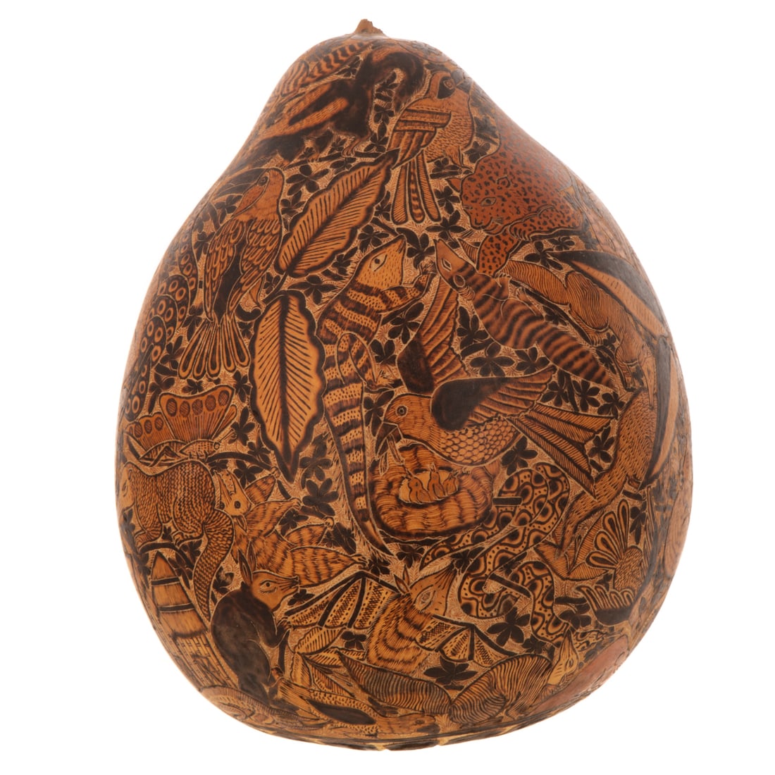 An Engraved Peruvian Mates Burilados: A burilado (hand carved and burnt technique) Peruvian mates burilados, often used to document oral narratives, depicting an assortment of animals, signed "Percy Medina" on the bottom, 8 1/2 in. H, 7