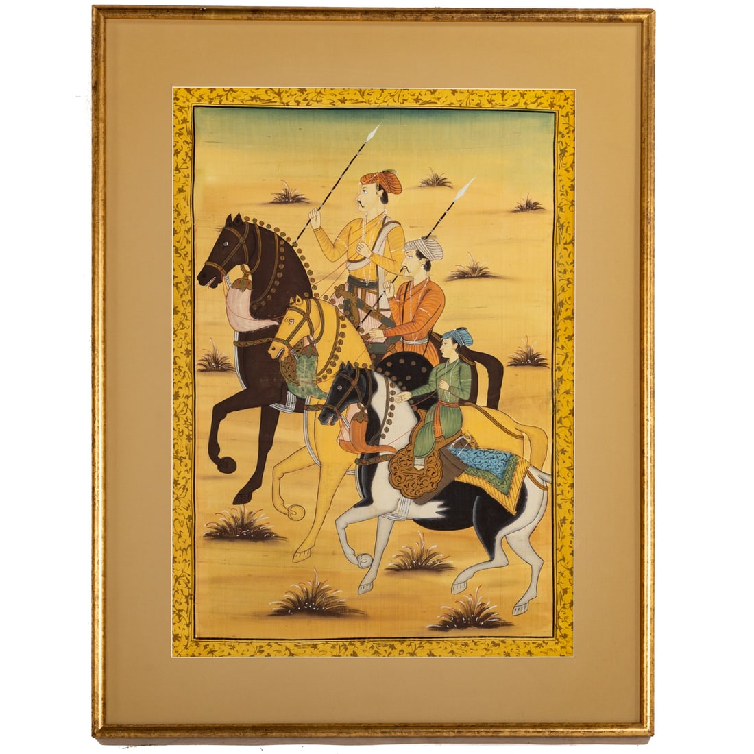 Mughal School. Three Princes on Horseback, gouache: 20th century, a Mughal School gouache on fabric depicting three princes on horseback, sight size: 25 1/2 x 18 in., framed size: 33 x 25 1/4 in.