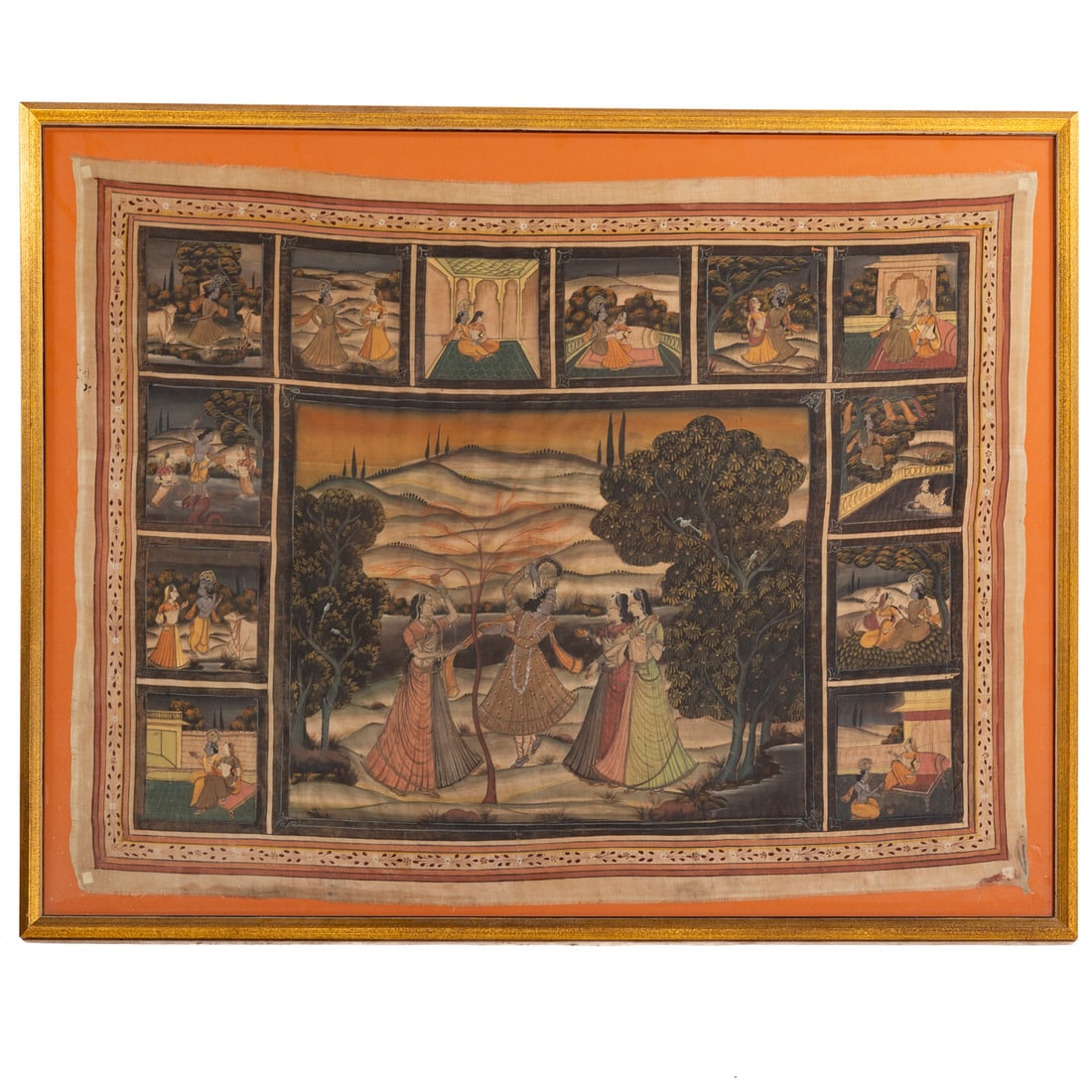 An Indian Pichwai Painting on Fabric: An Indian Pichwai painting on fabric (possibly silk), depicting scenes of Krishna and Radha, sight size: 33 x 43 1/4 in., framed size: 38 x 48 in.