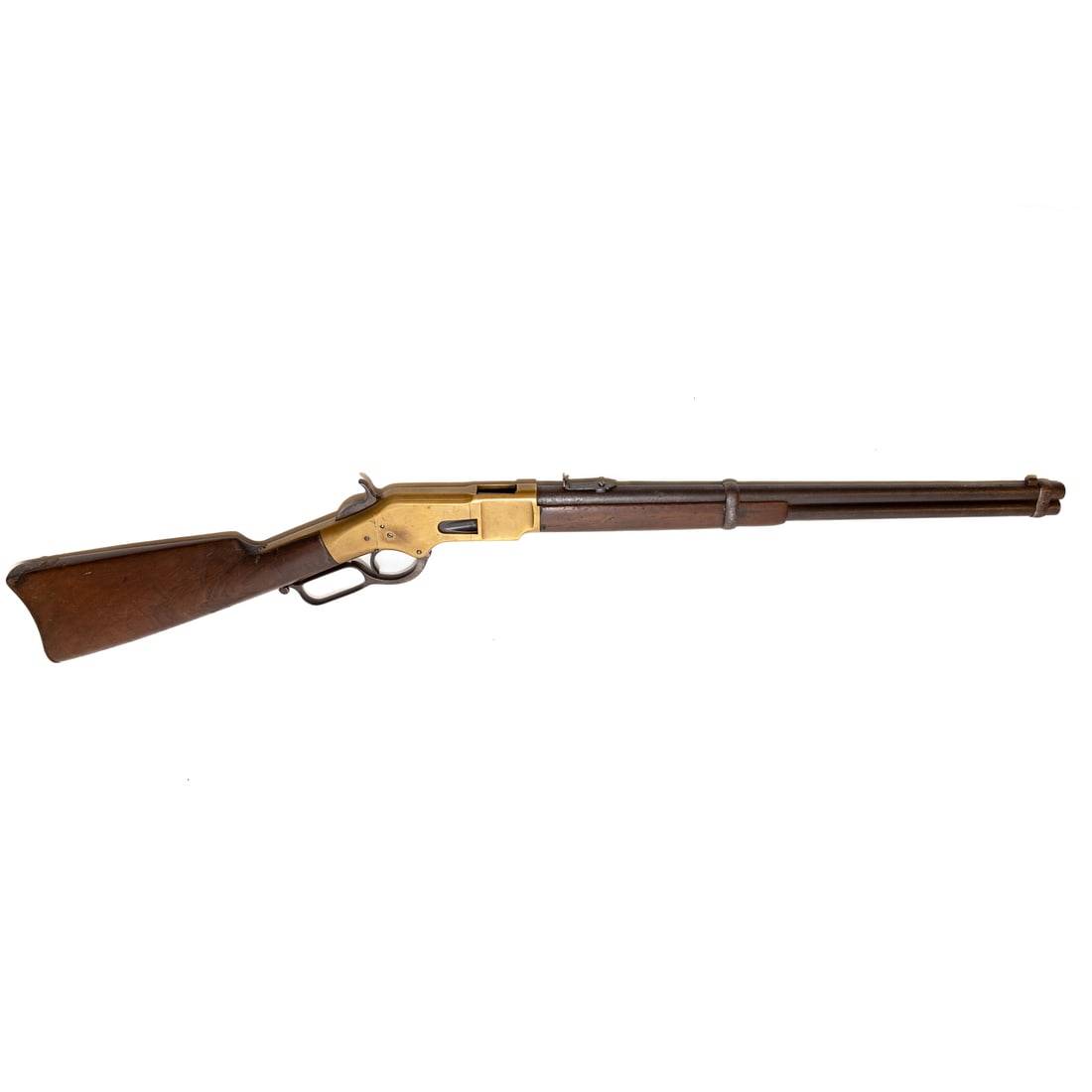 A Winchester Yellow Boy Carbine Rifle: Model 1866; serial number 160507, marked behind the lever; .44 rimfire; the barrel, 20 in. L; saddle ring; cleaning rod in butt stock; manufacturer's mark on top of barrel; notched leaf rear sight and