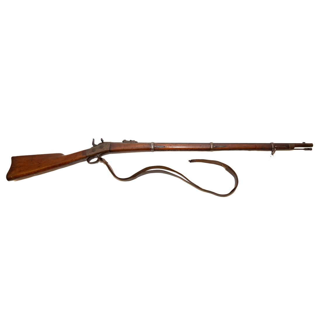 A New York Remington Model 1871 Rolling Block Rifle: Type adopted by the NY State Militia, with appropriate markings; .50/70 caliber; 36 in. L, barrel; leather shoulder strap of the period; maker's inscription with patent dates visible on the upper tang