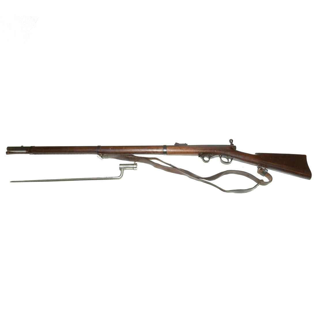 A Greene Model 1857 Bolt Action Rifle: An underhammer percussion rifle, distinguished as the first bolt-action rifle adopted by the U.S. Army; .53 caliber; the barrel, 36 in. L; tip-up rear sight and bead front; shoulder strap of the perio