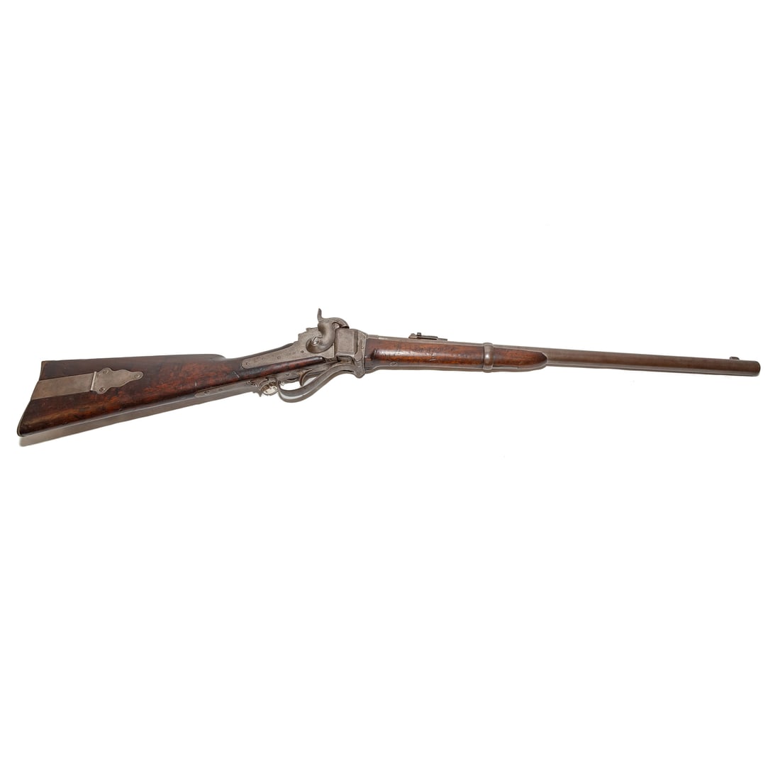 A Sharps New Model 1859 Carbine Rifle: Serial number 59784, marked on back strap; a falling block breechloader; .52 caliber, paper or linen cartridges; 22 in. L, barrel; saddle ring; brass patch box; marked "C. Sharp's Patent, Oct. 5, 1853