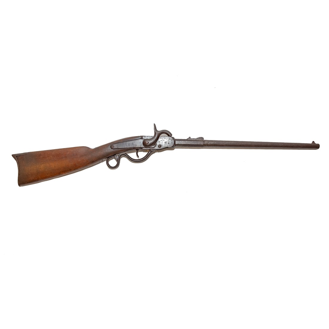 A Cosmopolitan Model 1862 Carbine Rifle: Made by Gwyn & Campbell, Hamilton, Oh., 1862; the state of Illinois purchased 1140 of these for use of their cavalry; breechloader with lever-action falling block; .52 caliber, paper cartridge; part-o