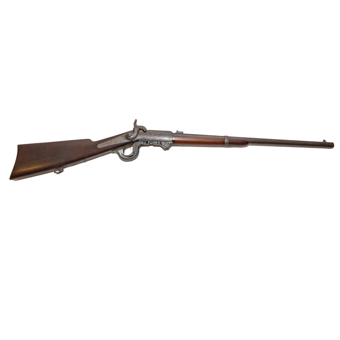A Fifth Model Burnside Carbine Rifle, 1864: Serial number 17721, stamped twice on top of receiver; lever action falling block percussion breechloader; .54 caliber metallic cartridge, without primer; the barrel, 23 in. L; stamped "Burnside Paten