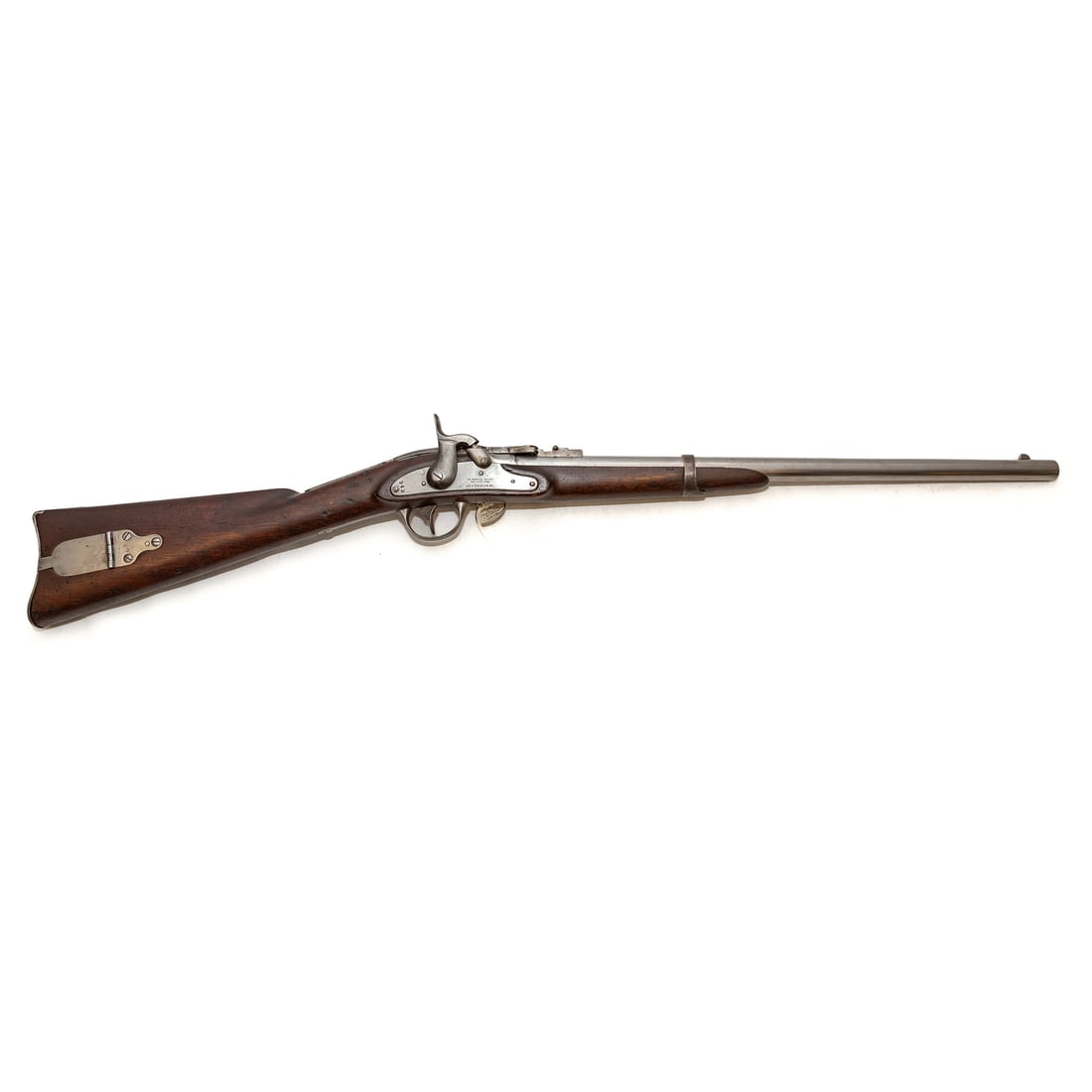 A Merrill First Model 1858 Carbine Rifle: Merrill & Thomas, Baltimore, Civil War era, serial number 949, marked behind hammer and on back strap; early issue with iron fittings instead of the more common brass; in all, about 10,000 made and wi