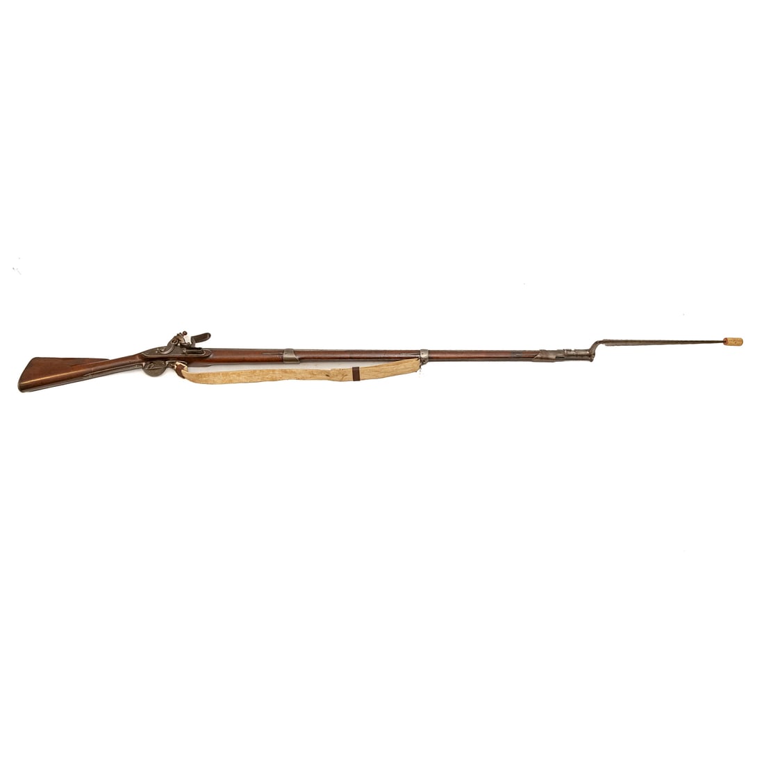 A Springfield Model 1795 Musket: Dated 1808; .69 caliber; the barrel, 44 1/2 in. L; triangular bayonet; reproduction leather shoulder strap; the lock plate marked "U.S. Springfield," and an American eagle, dated 1808; "1808," marked 