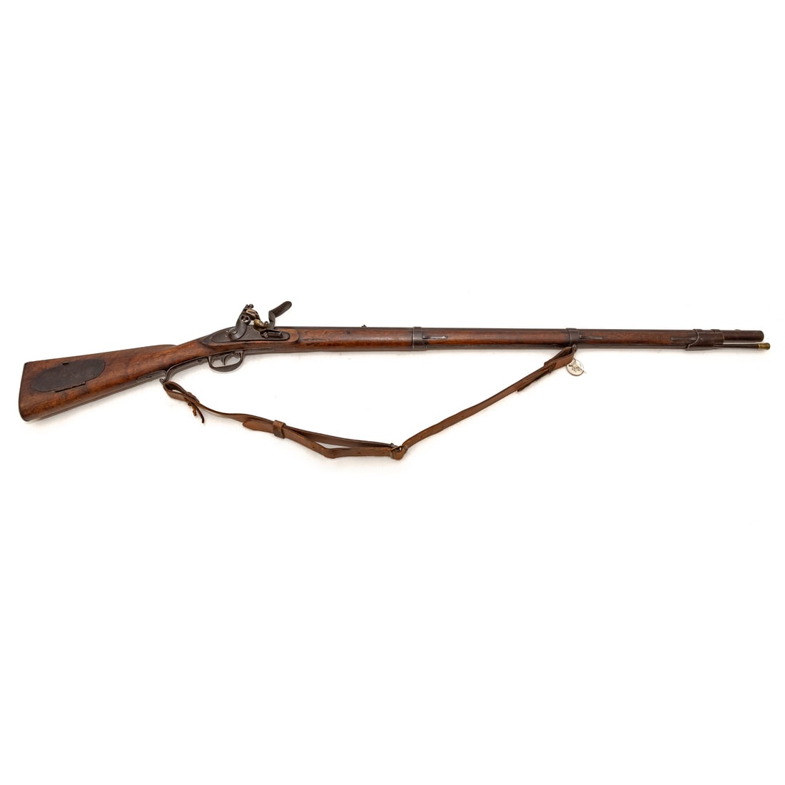 A Robert Johnson Model 1817 Common Rifle: Middletown, Ct., dated 1821; flintlock; .54 cal.; the barrel, 38 in. L; leather shoulder strap; breech end of barrel marked "U.S., A H.," with proof mark and 1821 date; a faint eagle visible, with mak