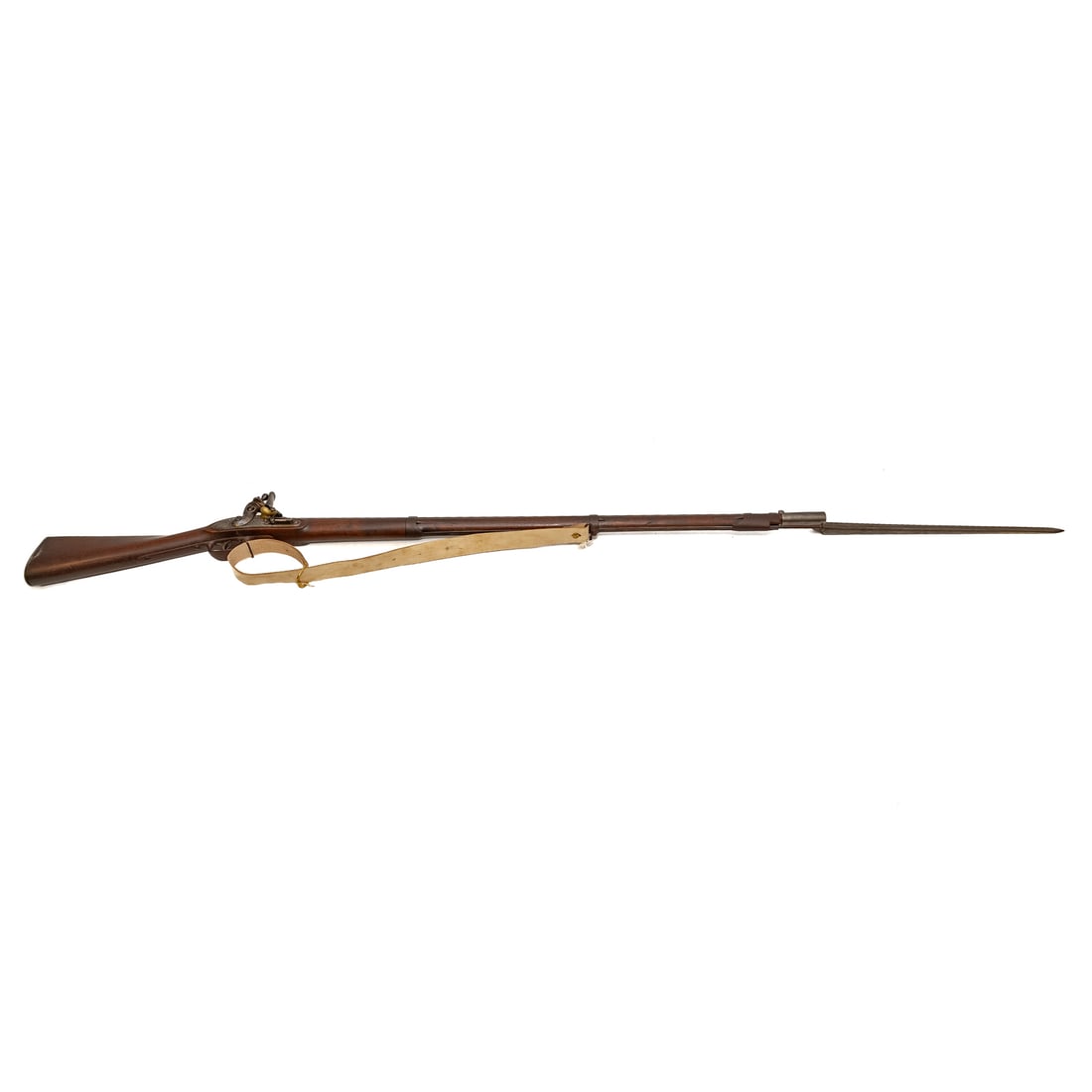 A Springfield Model 1816 Flintlock Musket: Springfield Armory, 1826; .69 caliber; the barrel, 43 in. L; leather shoulder strap; regulation bayonet; the lock plate stamped "U.S.," with eagle in front of hammer and "Springfield 1826," behind ham