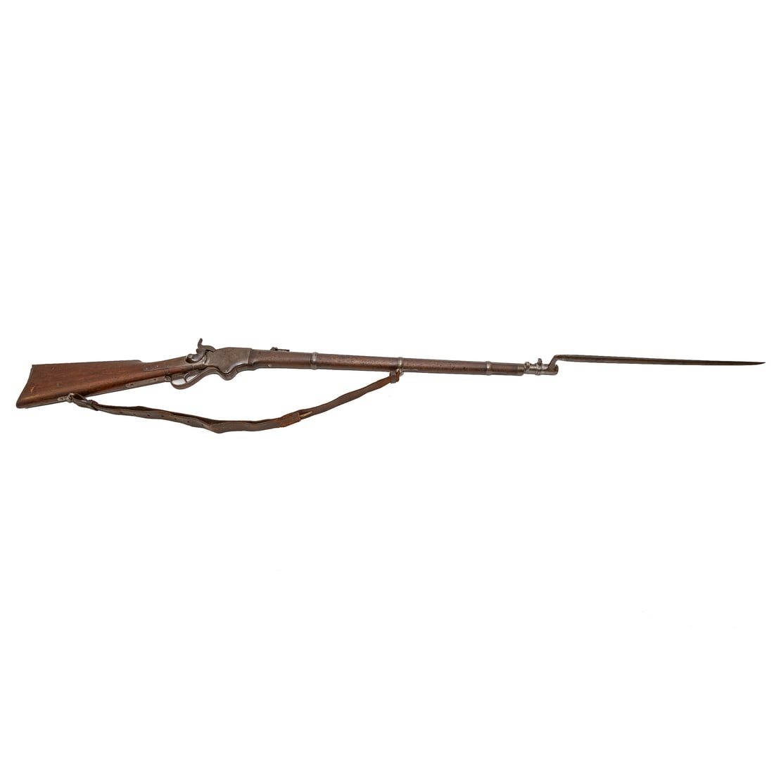 A Spencer Model 1860 Repeating Rifle: Serial number 23698, stamped on top of barrel end; .52 caliber; the barrel, 34 in. L; bayonet; leather shoulder strap; top of receiver marked "Spencer Repeating Rifle Co., Boston, Mass. Pat'd March 6 