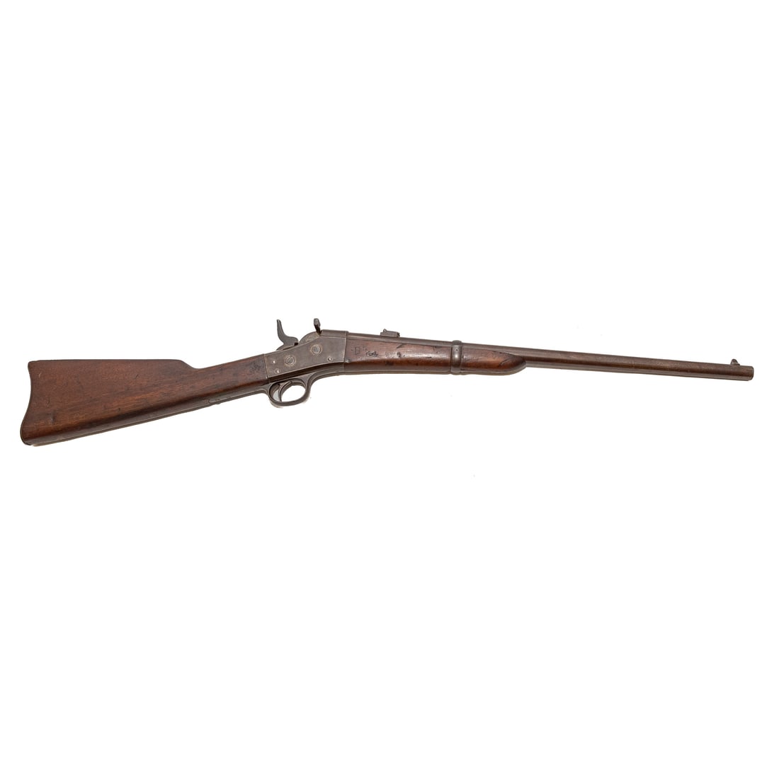 A Springfield Remington M1864 Split Breech Carbine: Dated 1864; an early rolling block breechloader; .44 caliber, rimfire - the earlier configuration (later issues were .56-50); the barrel, 22 in. L; saddle ring; marked "Remington's NY U.S.A.," with ad