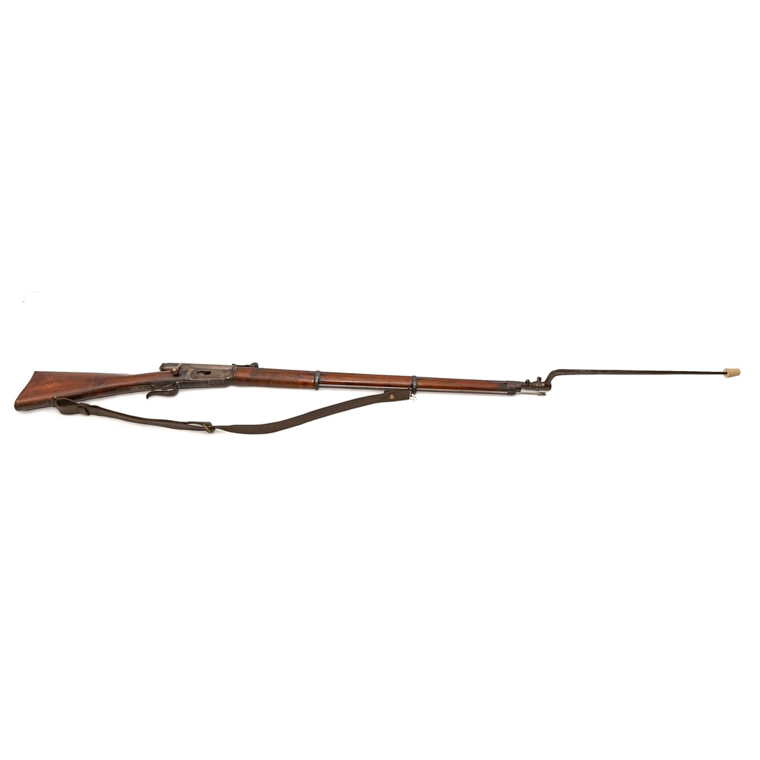 A Swiss Vetterli Model 1869/71 Rifle: Steiger, Thun, serial number 25753; 10.4X38 rimfire caliber; the barrel, 33 in. L; checkered grip; with leather a shoulder strap; bayonet; the left side of receiver marked "W.V. Steiger/ Thun," and "2