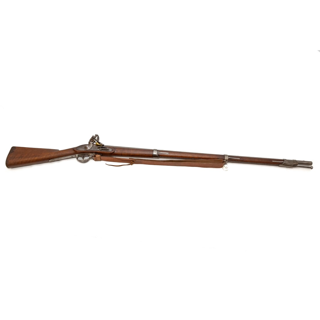 A Springfield Model 1812 Flintlock Musket: Dated 1827; .69 caliber; the barrel, 42 in. L; with modern leather shoulder strap; the lock plate marked with American eagle and "U.S.," behind hammer, and "Springfield, 1827," in front of hammer; pro