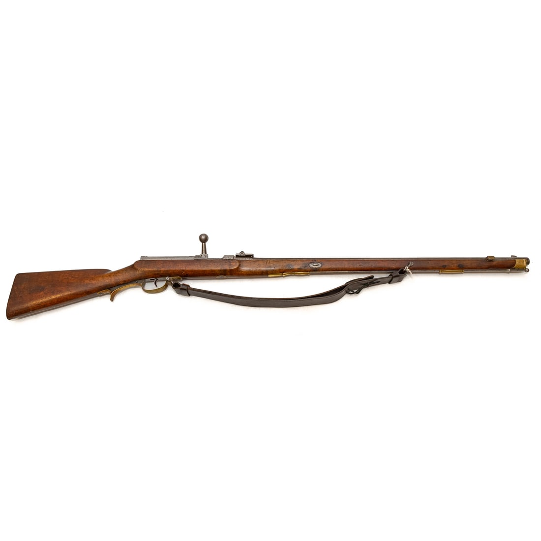 A German 1860 Fusilier Rifle: Erfurt armory, 1863; 15.4mm caliber; 31 in. L, barrel; leather shoulder strap; marked with an eagle "ERFERT," and other partially legible markings on back left side of receiver; proof mark on bolt han