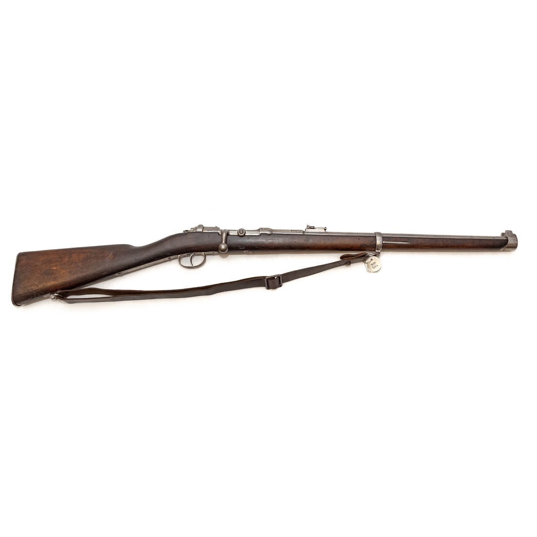 A German Model 1871 Carbine Rifle: Serial number: 5587, stamped on left side barrel back, on left side of receiver, on bolt handle, on bolt, on barrel bands, and on butt plate; bolt action; 11x60mm caliber; the barrel, 20 in. L; leathe