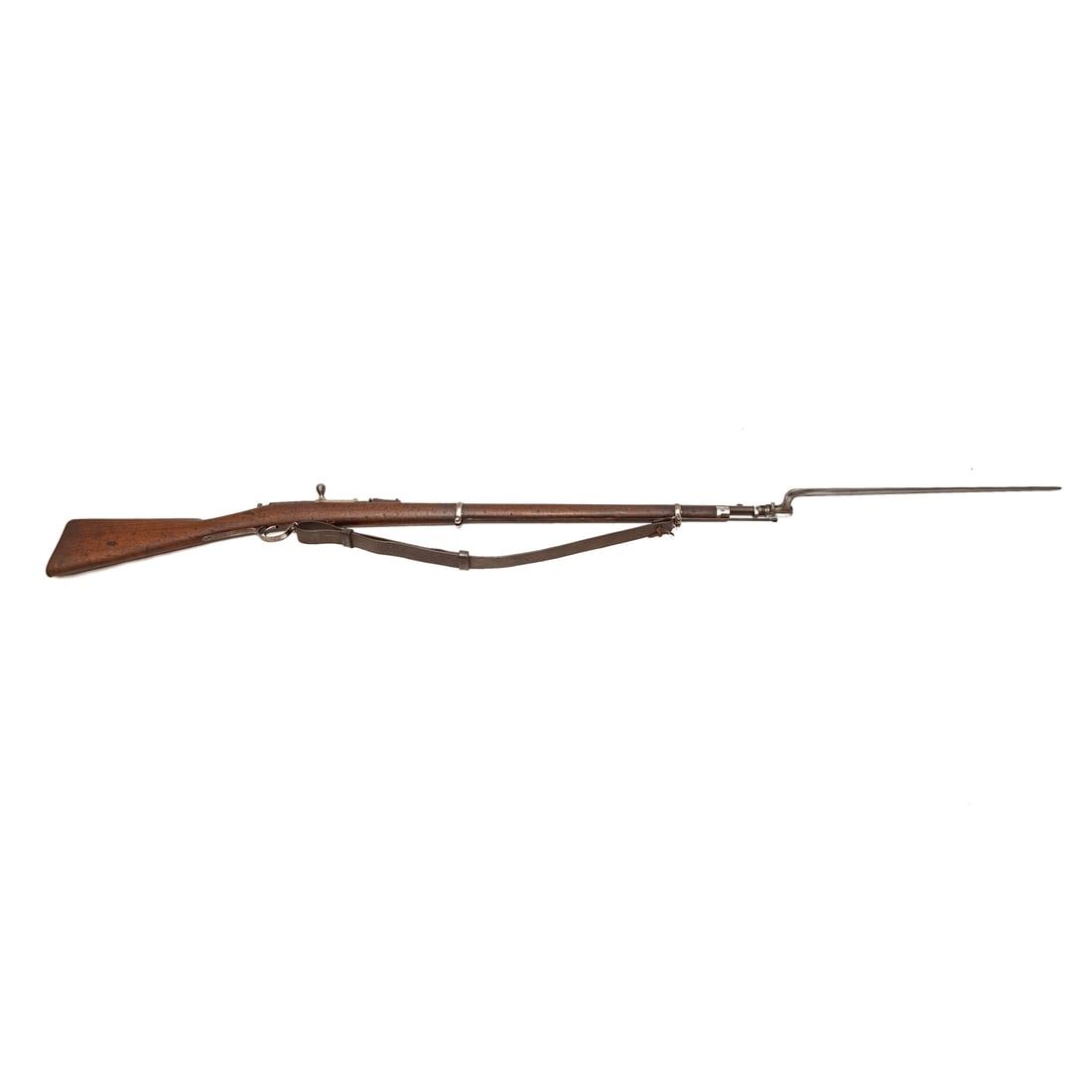 A Russian Model 1871 Berdan II Rifle: Serial number 15921; 10.75X58 R; the barrel, 32 1/2 in. L; quatrefoil bayonet; leather shoulder strap; Russian lettering and "1884," stamped on top of barrel; a Russian eagle marked behind sight; numb
