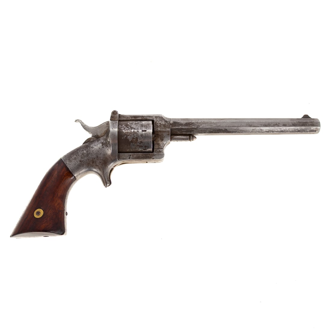 An L. W. Pond Pocket or "Belt" Revolver: Serial number 890, stamped twice on underside; manufactured before lawsuit from Smith & Wesson for patent infringement; .32 caliber rimfire; iron frame; the barrel, 6 in. L; top of barrel stamped "L.W