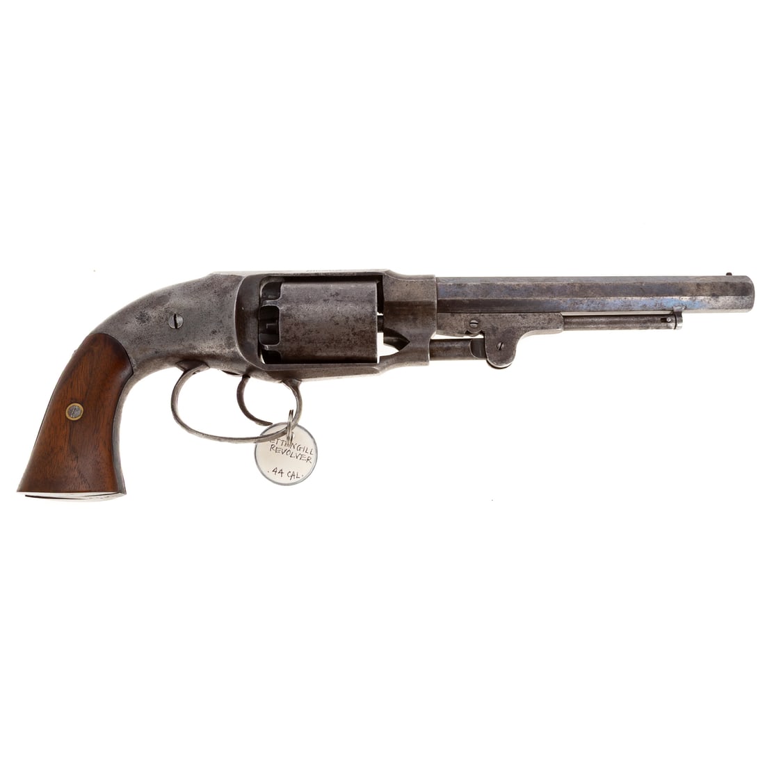 A Pettengill Belt Revolver: Rogers, Spencer & Co, Willow Vale, NY; made without serial numbers, the Army received 2001 of these, but they were unreliable in the field and never widely used; double action percussion firing mechan