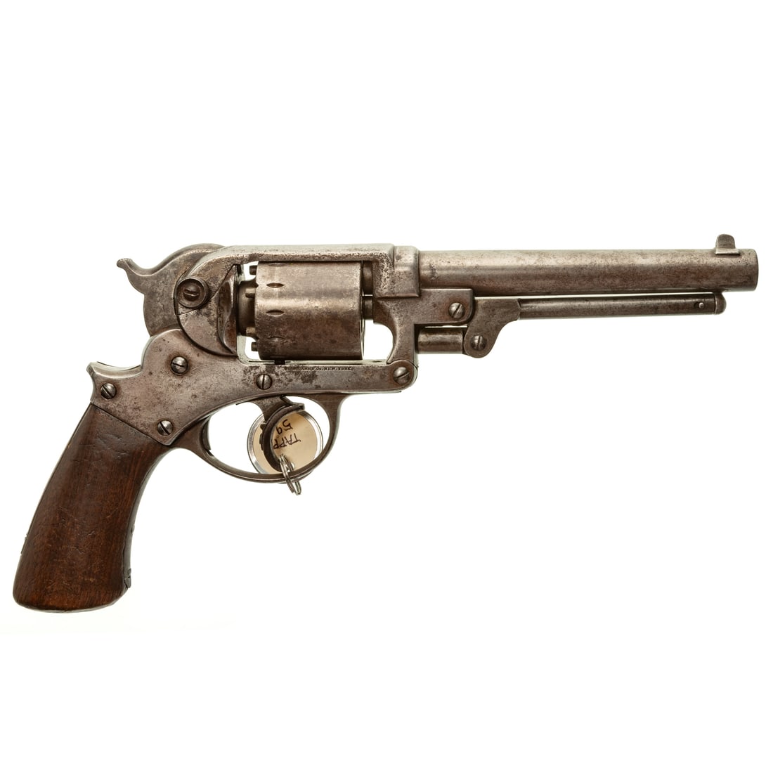 A Starr Model 1858 Percussion Revolver: Serial number 3062M, marked below ramrod, and on cylinder; percussion double action revolver with two-trigger mechanism; .44 caliber; the barrel, 6 in. L; solid wood grip; marked "Starr's Patent Jan. 