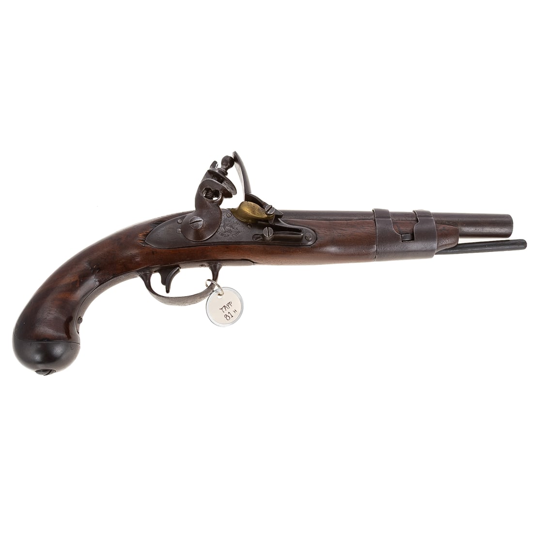 A Simeon North Model 1816 Flintlock Pistol: Made without serial numbers; .54 caliber; the barrel, 9 in. L; lock plate stamped before hammer "U.S.," with each letter flanking an American eagle and stamped "MIDLN CON.," under eagle; 15 1/2 in. L,
