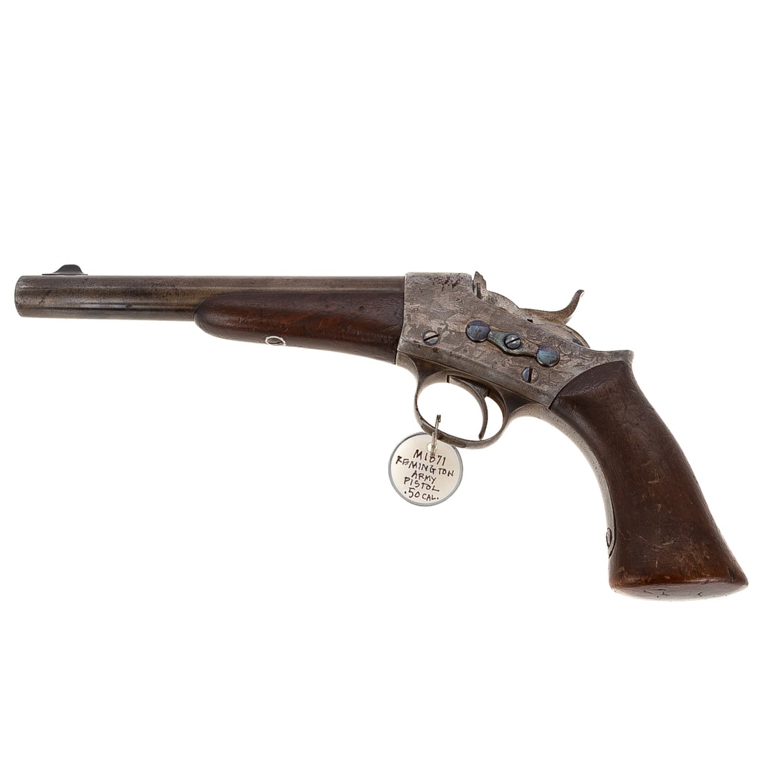 A Remington Model 1871 Rolling Block Pistol: Single shot breechloader with rolling block mechanism; .50 caliber centerfire; the barrel, 8 in. L; partially legible patent stamp "Patent May 3...Nov. 15 1864, April 17 1866" on left side of receiver