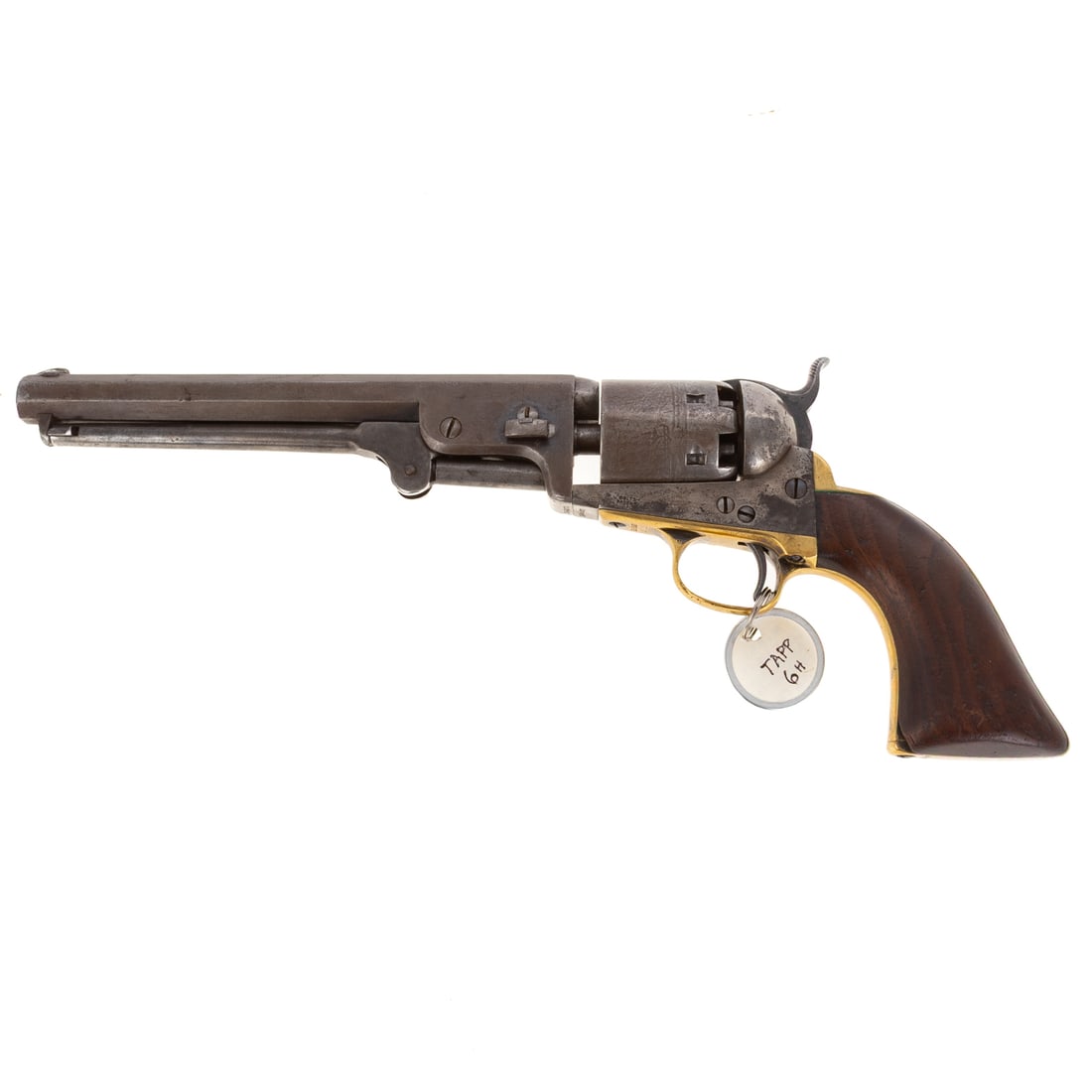 A Colt Model 1851 Navy Revolver: Serial number 18687, stamped four times on the underside; single action percussion revolver .36 caliber; the barrel, 7 1/2 in. L; "Colts Patent No. 18687," stamped on cylinder; "Address SamL Colt New 