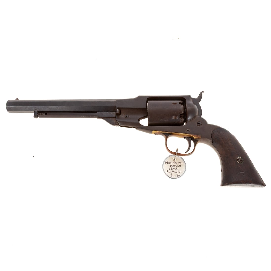 A Remington Beals Model 1858 Revolver: Navy model single action percussion revolver; .36 caliber; the barrel, 7 1/2 in. L; stamped "Beals Patent Sept. 14, 1858, Manufactured by Remingtons Ilion, N.Y," on top of barrel; 13 1/2 in. L, overal