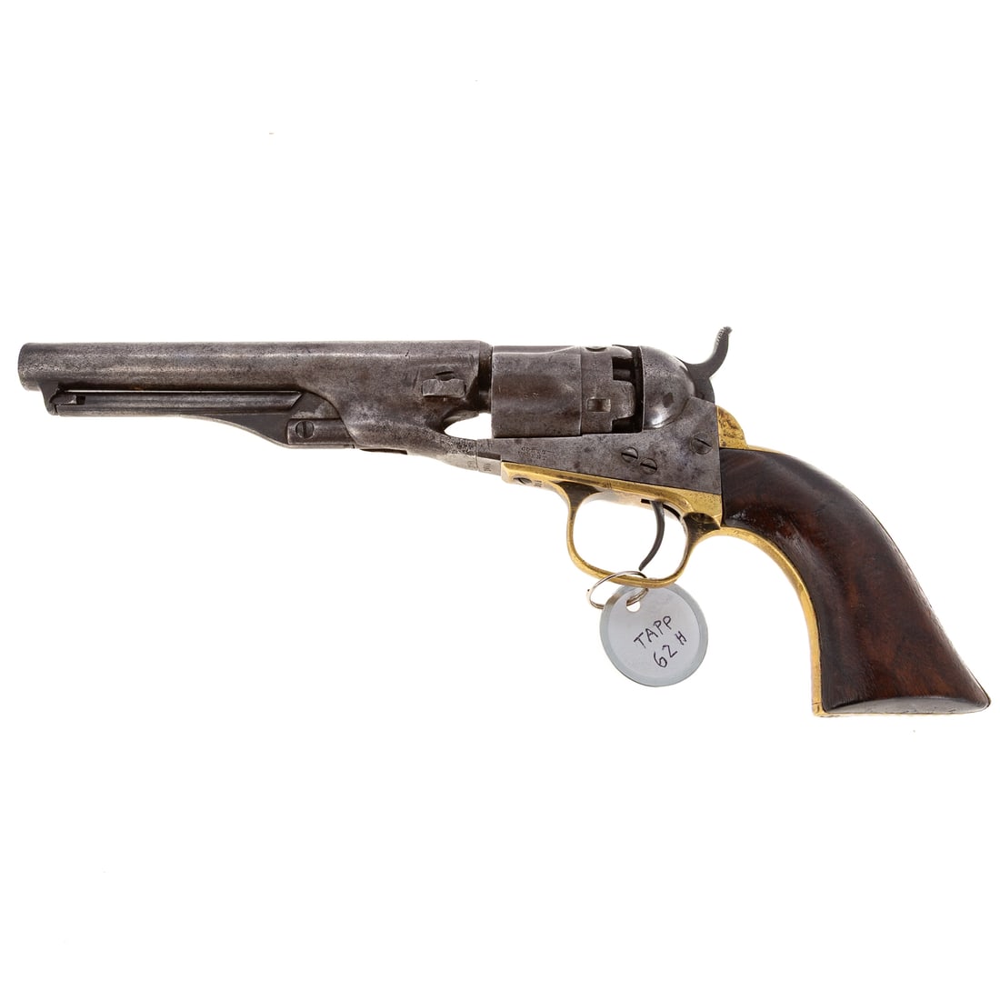 A Colt Model 1862 Police Revolver: Serial number 1086, stamped four times on underside; a single action percussion firing mechanism .36 caliber; the barrel, 5 1/2 in. L; "Address SamL. Colt Hartford CT," stamped on top of barrel; "Colt