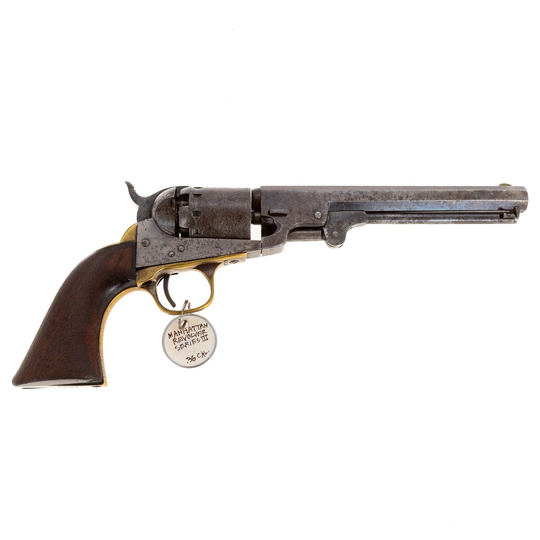 A Manhattan Firearms Model 1859 Revolver: Series II Navy revolver; serial number 41259, stamped in four places to underside; a single action percussion firing mechanism; .36 caliber; the barrel, 6 1/2 in. L; top of barrel stamped "Manhattan F