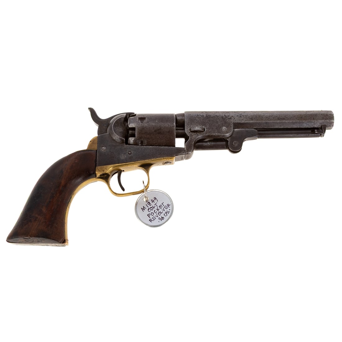 A Colt Model 1849 Pocket Revolver: Serial number 78319, stamped on four places to underside; .36 caliber; the barrel, 5 in. L; top of barrel stamped "Address SamL Colt, New York City," "Colts Patent," stamped on on left side of receive