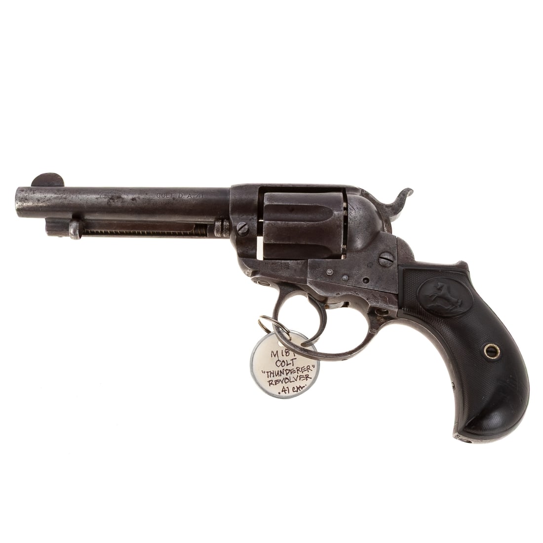 A Colt Model 1877 "Thunderer" Revolver: Serial number 99857, stamped in three places on underside; double action; .41 caliber, long Colt cartridge; the barrel, 4 1/2 in. L; the top of barrel stamped "Colt's PT. B. A. MFG. Co., Hartford, CT,