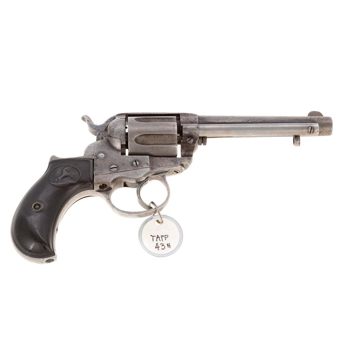 A Colt Model 1877 Lightning Revolver: Serial number 78188, stamped three times on underside; double action; .38 caliber, long Colt cartridge; the barrel, 4 1/2 in. L; the grips with embossed rearing horse; top of barrel stamped "Colt's PT
