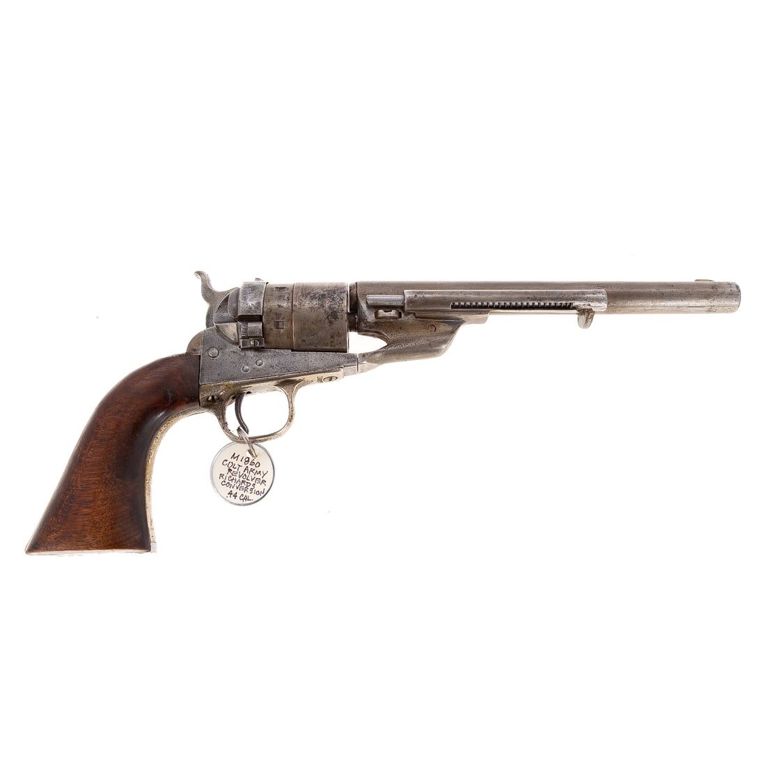 Colt Model 1860 Richards Conversion Army Revolver: Serial number 190774, stamped in four places on underside; beginning in 1871, constructed from unused interchangeable parts of Model 1860 percussion revolvers with newly-made cartridge cylinders and o