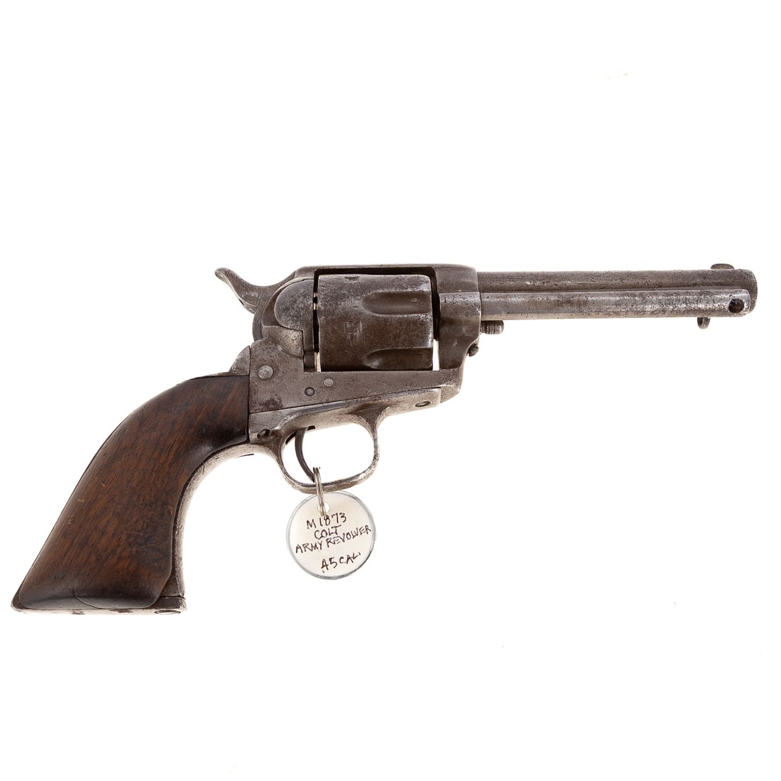 A Colt Model 1873 Single Action Army Revolver: Nicknamed "Peacemaker," Serial number 58458, stamped in two places on underside, one barely legible; .45 caliber, Colt cartridge; the barrel, 5 in. L; Colt address very faintly marked on top of barrel