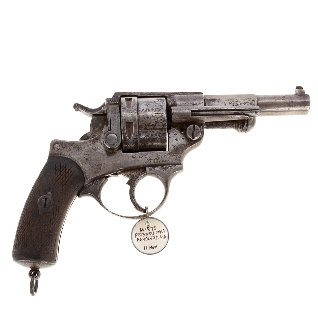 A Saint-Etienne Model 1873 MAS Revolver: Double-action, 11mm caliber; engraved "M-1873," to top of barrel; stamped, "F34322," on left side of barrel, on left side of receiver, on the trigger, on the bottom of trigger guard, and on the cylind