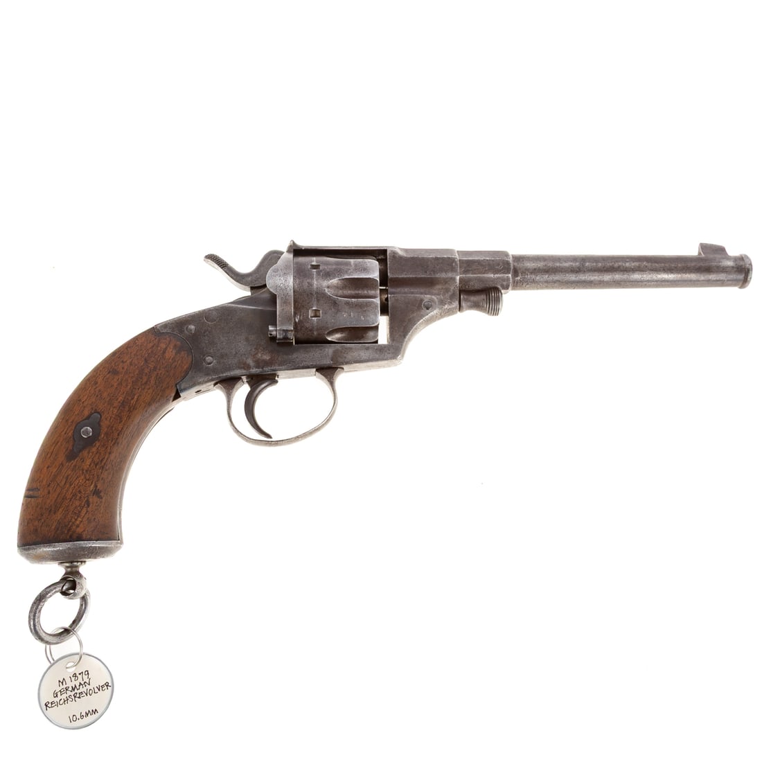 A German Model 1879 Reichs Revolver: Functions as a single-action, 10.6mm caliber; the barrel, 7 in. L; swivel ring on grip bottom; "HRA," engraved on grip butt with two crown proof marks and other numbers; "D," stamp behind and in front