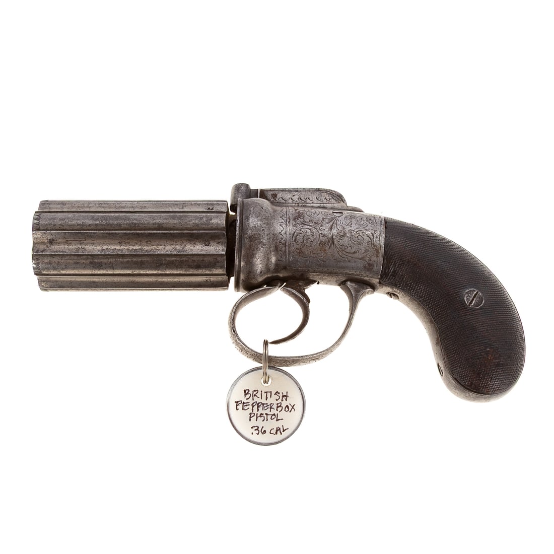 A British Pepperbox Pistol: Egg, London, mid-19th century; single-action, .36 caliber; stamped proof mark on each recess of barrel; heavily engraved metalwork, marked "EGG London," metal strap on grip; no serial numbers detected