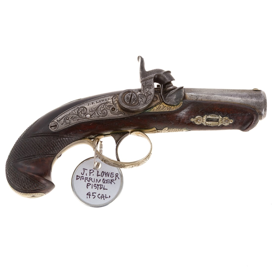 A John Pray Lower Percussion Deringer Pistol: Philadelphia, 3rd quarter 19th century; single-action, .45 caliber; stamped "JP Lower," on lock plate behind hammer and "Philada," on top of barrel; finely engraved metalwork; no serial numbers detect