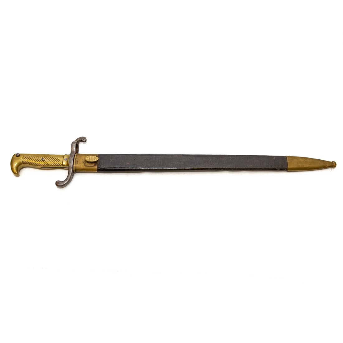 A Gebruder Weyersberg Solingen Bayonet: Circa 1862; brass hilted; stamped "GWB," in circle, with a letter "G," to one side; the other side marked with a crown over "W62," and crown over "P"; the hilt marked "EC 123," as well as the hilt gua